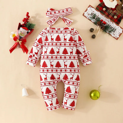 Newborn Cute Christmas Tree Print Stripe Zipper Romper with Headband