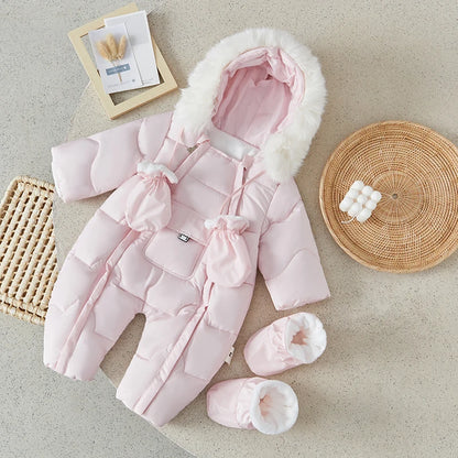 Newest Baby Hooded Puffer Outwear Down Zipper Romper with Gloves and Foot Covers