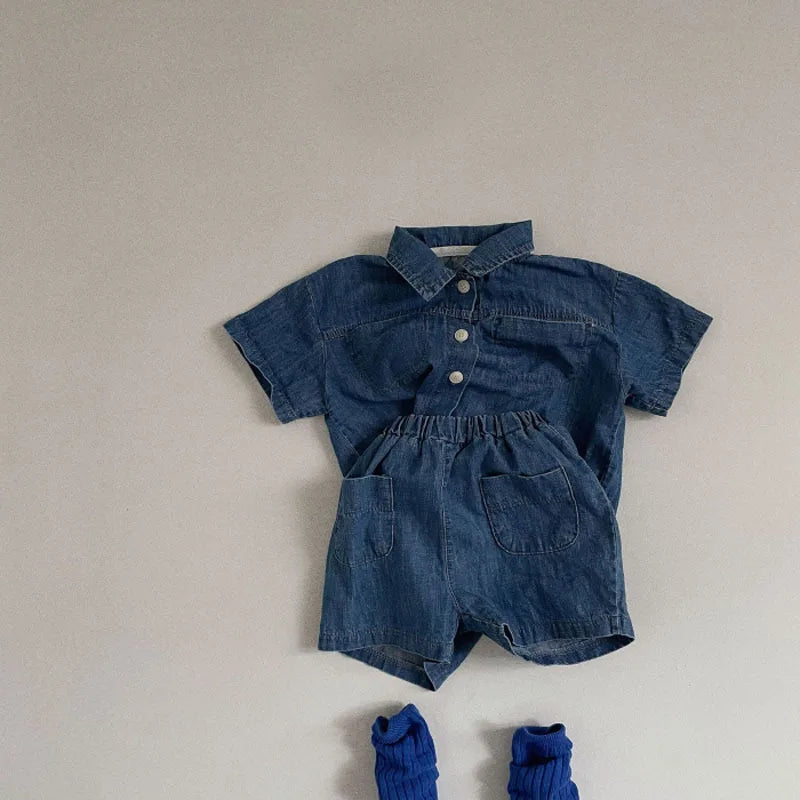 Girl/Boys Solid Shirt Short Sleeves Turn-down Collar T-shirt And Short Jeans