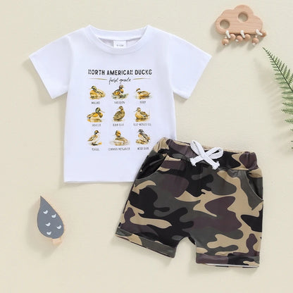 Little Boy 2 Piece Summer Outfit, Letter Duck Print Short Sleeve Tops Elastic Waist