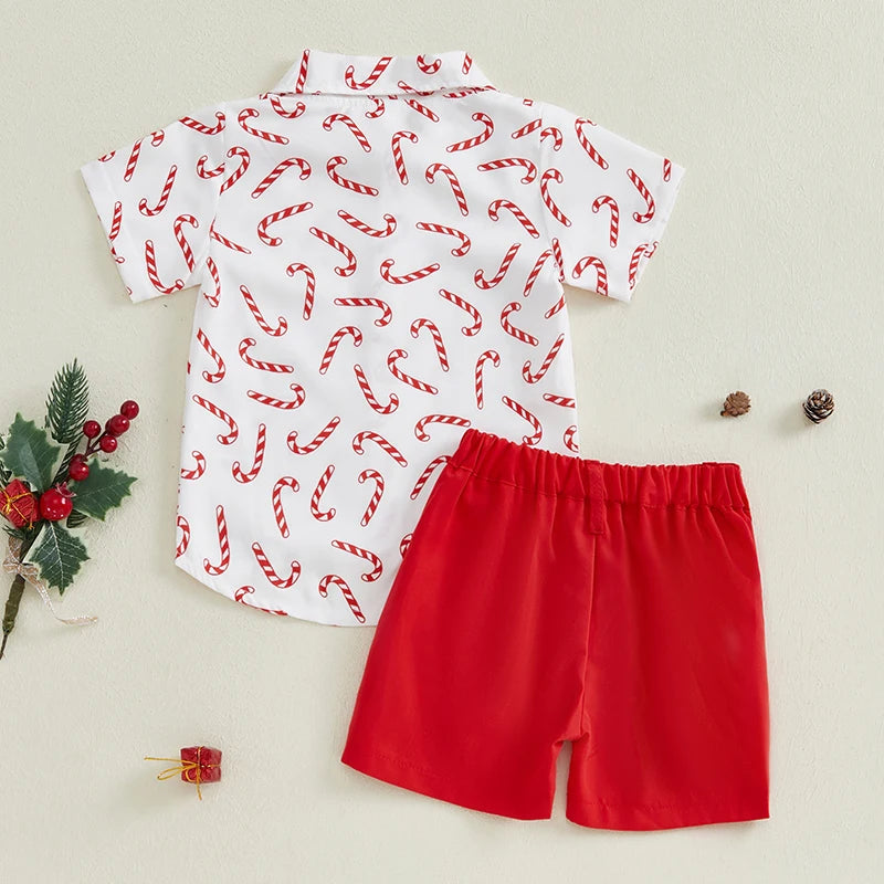 Toddler Boys Christmas Candy Cane Print Shirt with solid color shorts