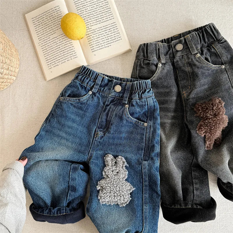 New Children Fleece Denim Trousers Boys/Girls Casual Pants