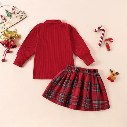 Little Girl Christmas Solid Color Ribbed Mock Neck Tops Plaid Elastic Waist A-Line Skirt