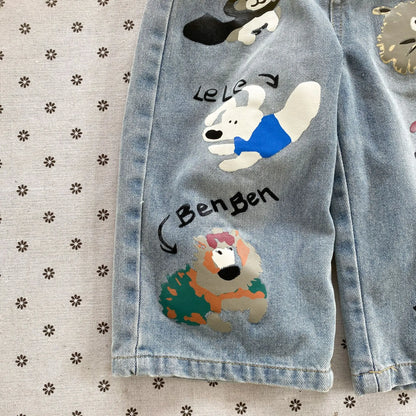 Baby Cartoon Print Jeans Loose Boy/girls Letter Casual Denim Pants