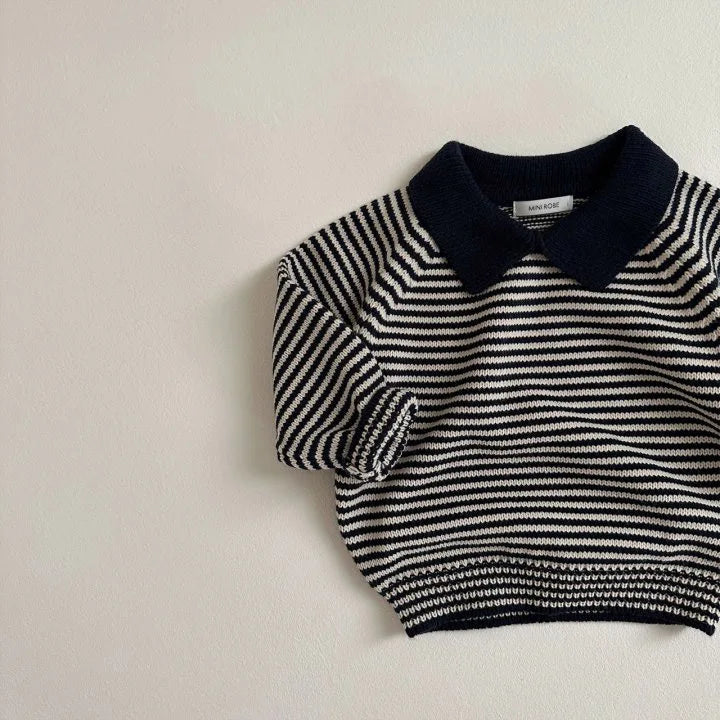 Children Long Sleeve Knit Sweater Kids Boys Girls Vintage Striped Lapel Sweater