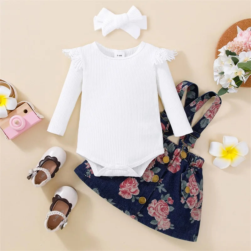 Baby Girls Solid Color Ribbed Romper Floral Denim Skirt Headband Lovely 3Pcs Outfits