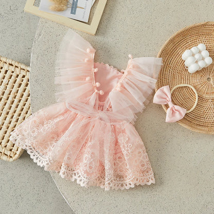 Baby Girl 2Pcs Summer Outfits Ruffle Sleeveless Lace Romper Dress with Headband