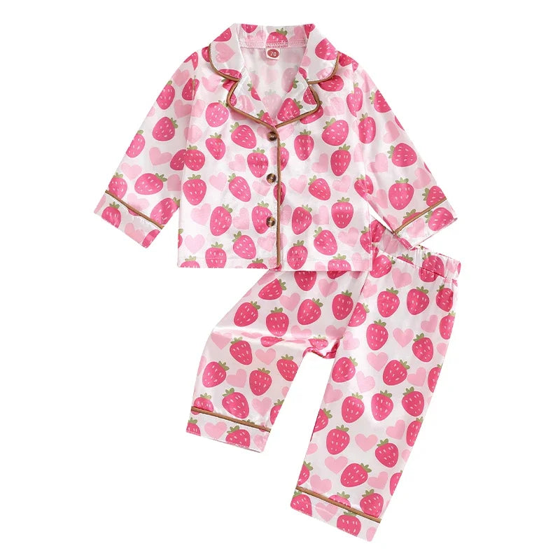 Strawberry/Cherry Print Long Sleeve Button Shirts with Elastic Waist Pants Sleepwear