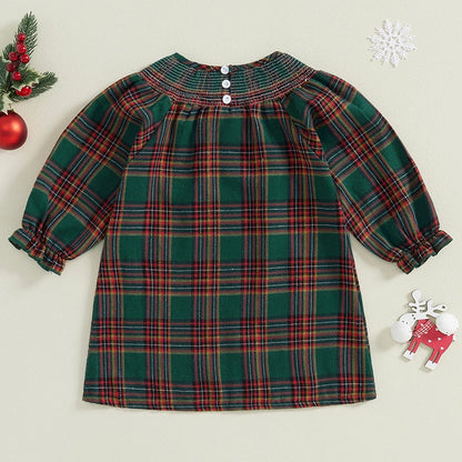 Toddler Girl Christmas Dress Plaid Print Loose Dress Baby Santa Claus Embroidery Dress