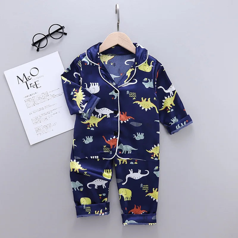 Children Silk Satin Pajamas Set Baby Boys Girls Cartoon Dinosaur Tops Trousers