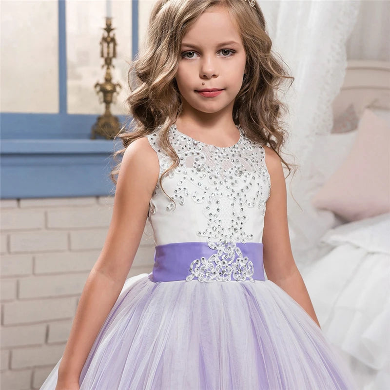 Girls Party Dresses Elegant Teenage Events Flower Purple Long Gown Wedding Costume