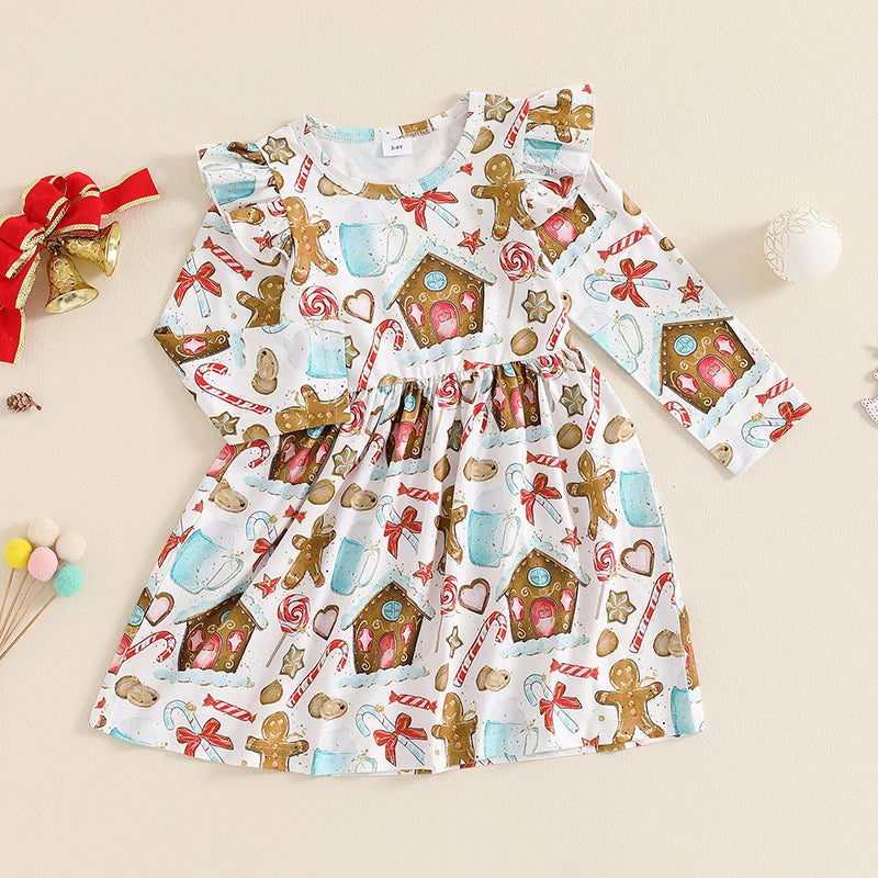 Girls Christmas Element Print Ruffle A-Line Dress for Toddler