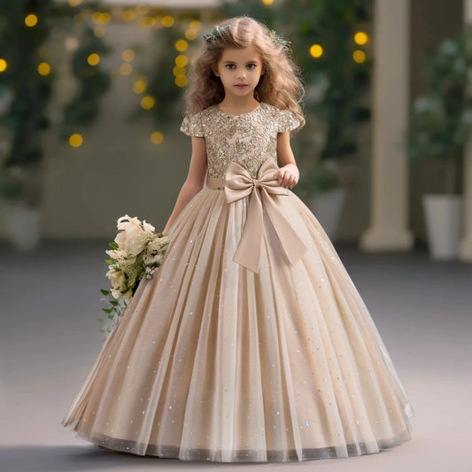 Elegant Kids Dresses for Girls Wedding Children Bow Long Gown Princess