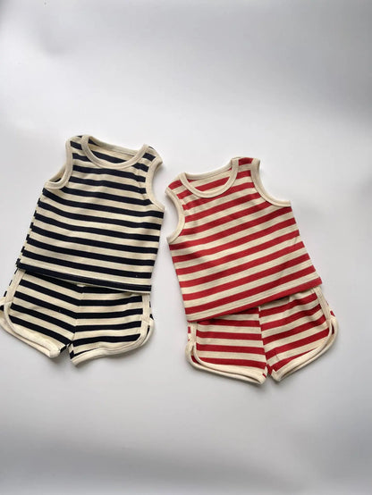 Summer Boy Girl Children Waffle Striped Sleeveless Tops + Shorts 2pcs