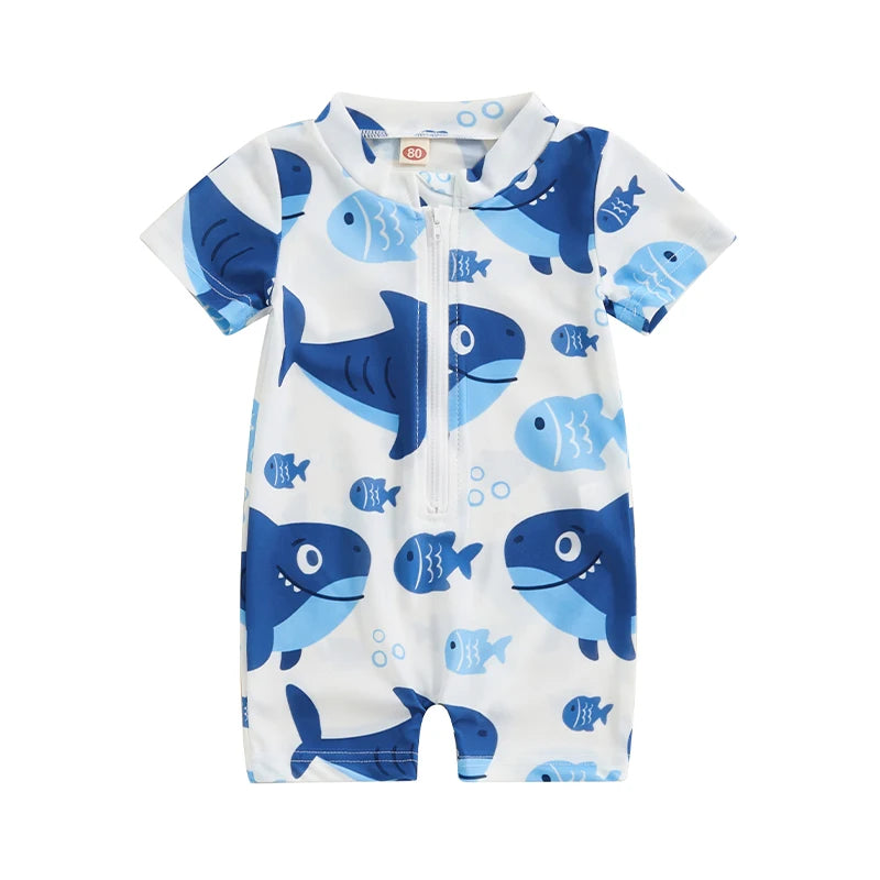 Baby Boy Swimming Costume Cartoon Print Swimwear Short Sleeve Bathing Suit