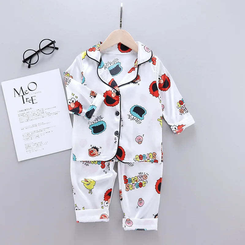 Children Silk Satin Pajamas Set Baby Boys Girls Cartoon Dinosaur Tops Trousers