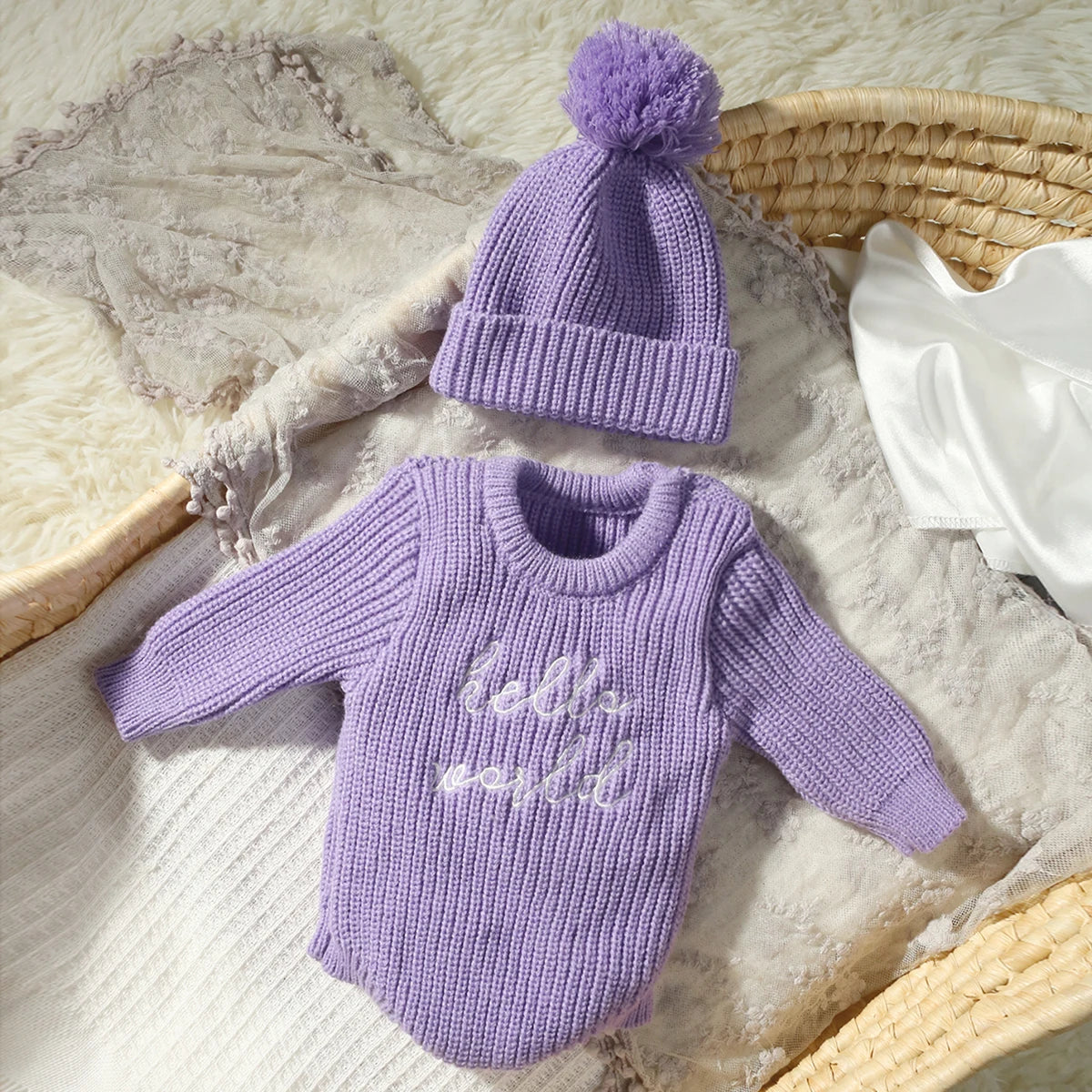 Newborn Photography Romper with Matching Pomp Hat Baby Boy Girl Sweater Outfits for Photo Shooting