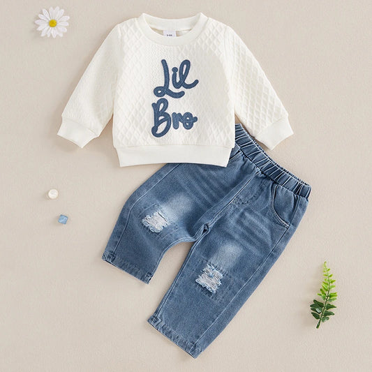 Baby Boy Letter Embroidery Sweatshirt Ripped Denim Pants with Pockets