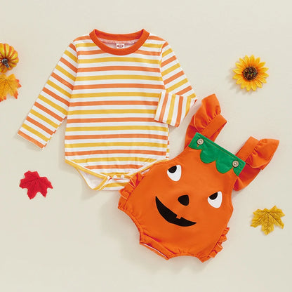 Baby Girls Halloween 2Pcs  Romper and Pumpkin Pattern Button Strap