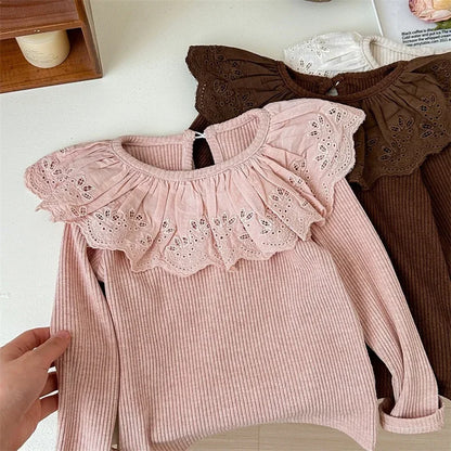 Girls Tops Ruffle Collar Long Sleeve T-Shirt