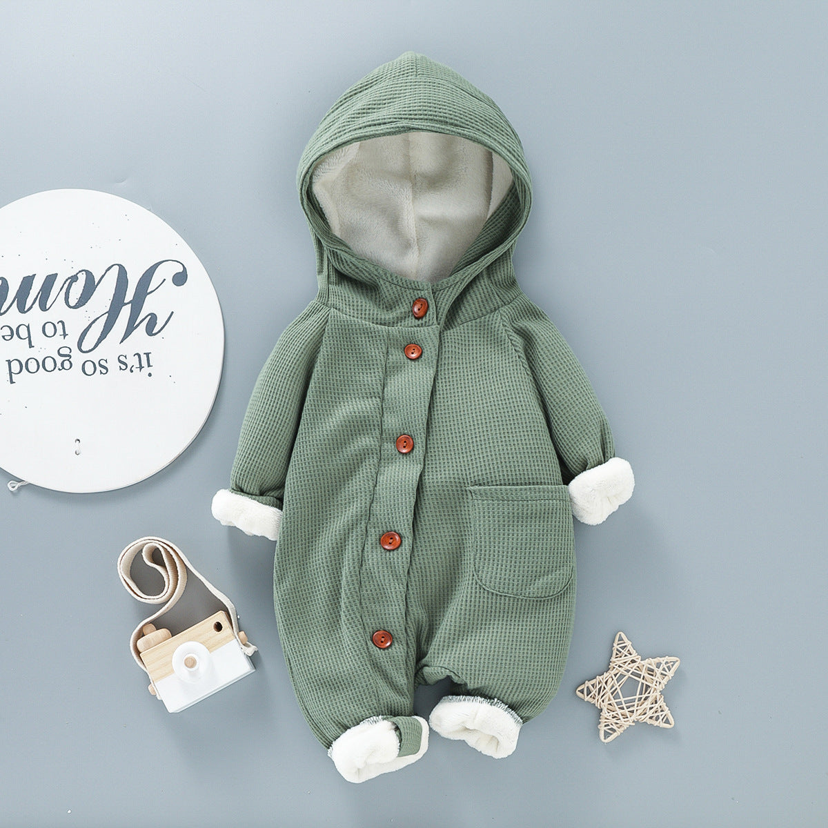 Baby Solid Color Hooded Long Sleeved Button Up Crawling Suit