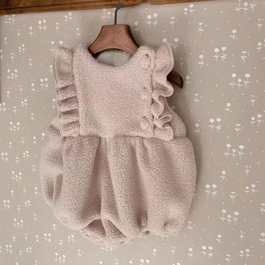 Winter Fleece-lined Infant Western Style Soft Thick Lambswool Lace Large Pockets Sleeveless Romper Jumpsuit