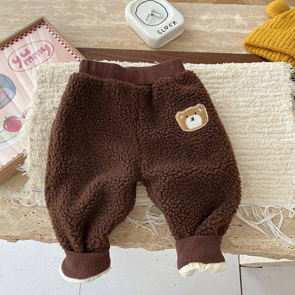 Autumn And Winter Girls Thick Bear Casual Lambswool Trousers