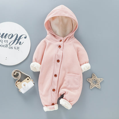 Baby Solid Color Hooded Long Sleeved Button Up Crawling Suit